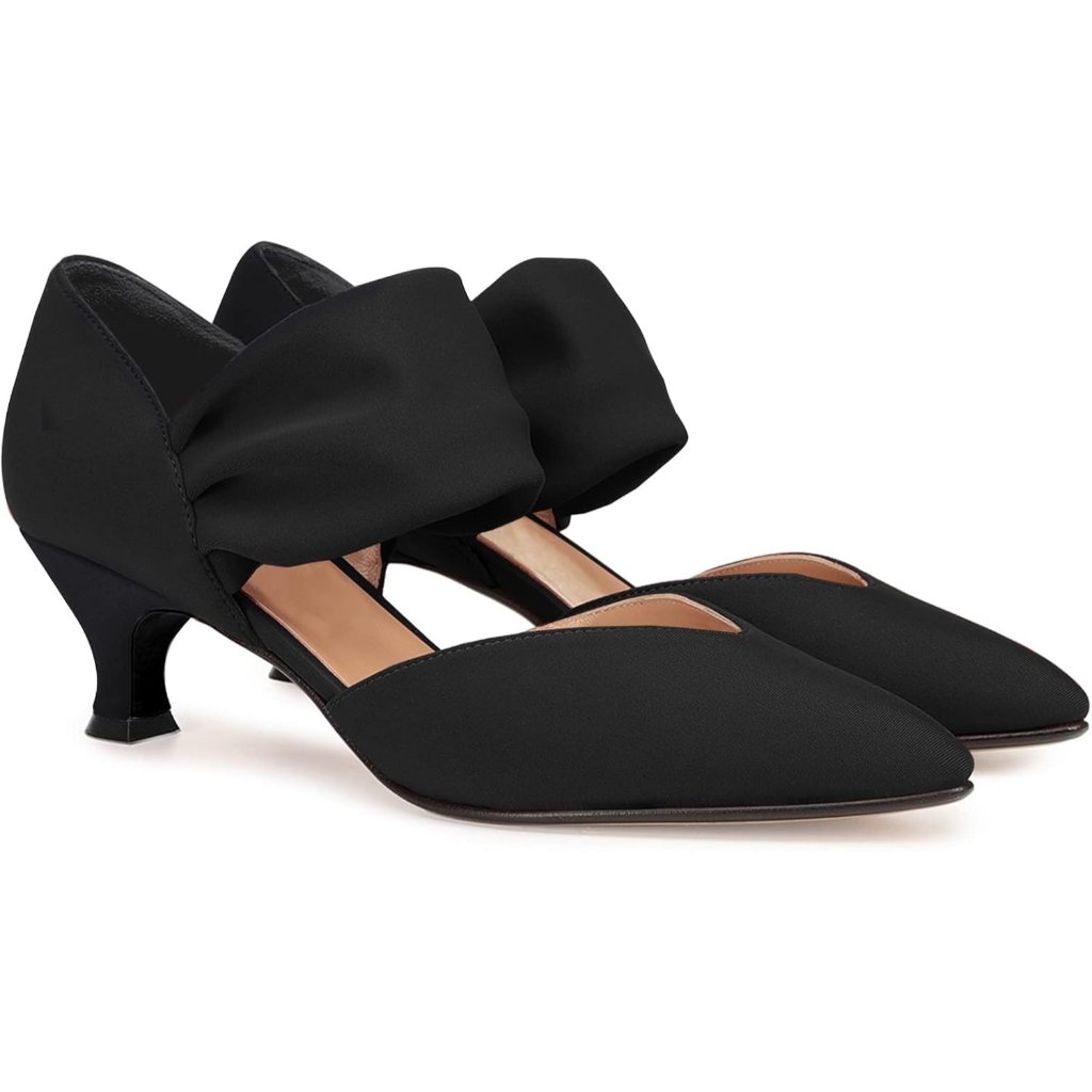 Women's Black Low Kitten Heel Dress Shoes Pointed Toe Slip On Ankle Strap